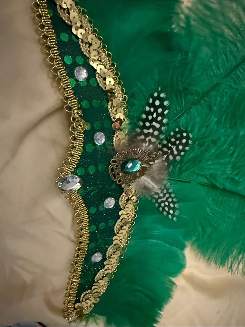 Green Feathered Sequin Showgirl Headpiece with Gold Trim - Picture 2 of 4